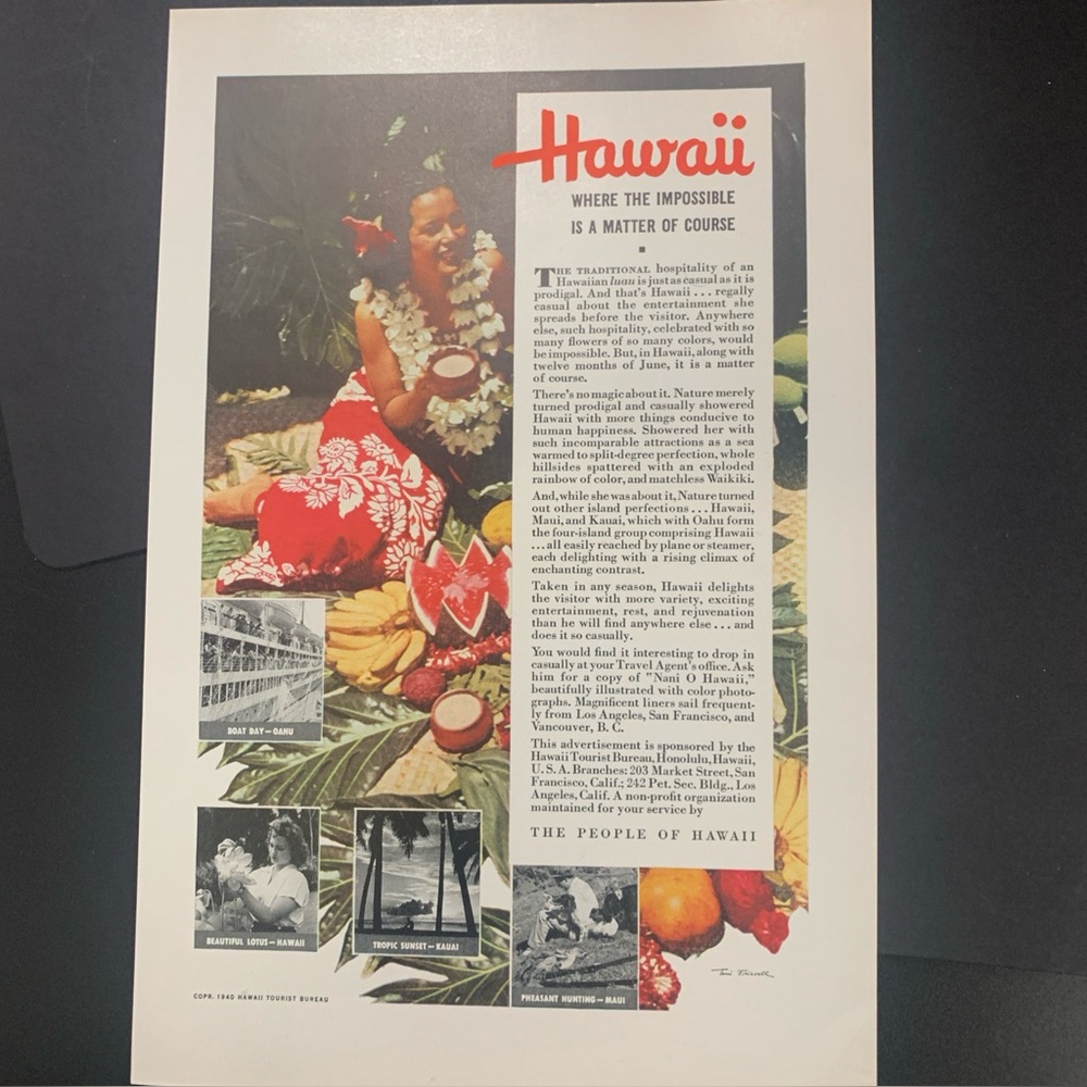 Vintage 1940 Hawaii Where The Impossible Is A Matter Of Course Ad Advertisement